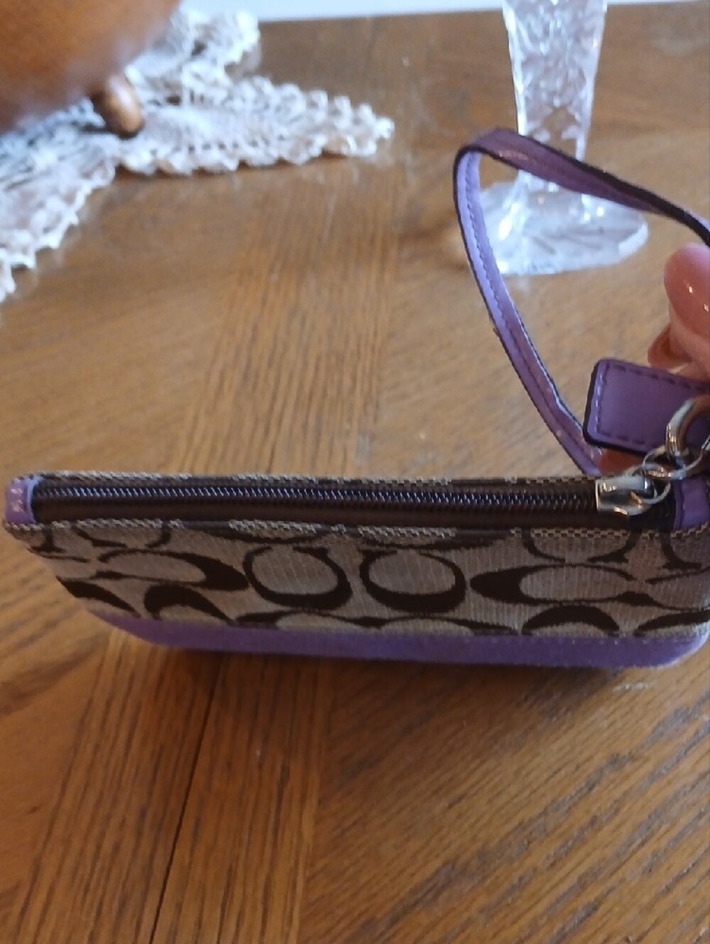 Coach Brown Signature Canvas Wristlet with Purple Trim - Picture 5 of 7